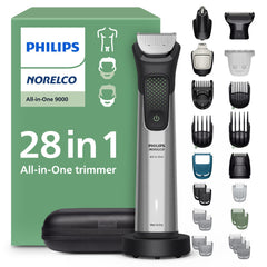 Norelco All-in-One 9000 front view showing trimmer and included accessories for versatile grooming