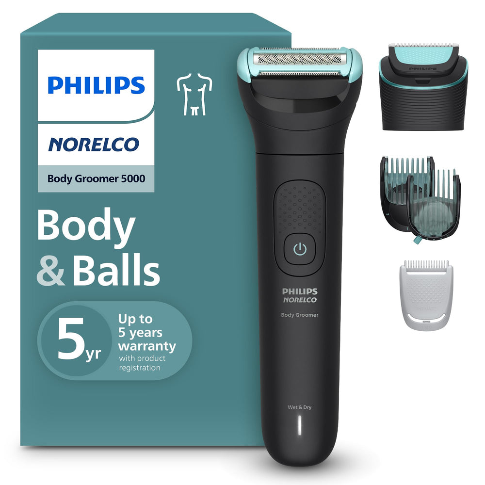 Norelco front view of trimmer kit showing included tools and compact design benefit