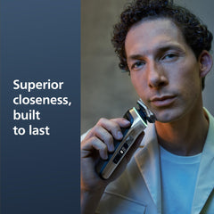 Norelco dual head closeup highlighting shaver and trimmer for comfortable precise grooming