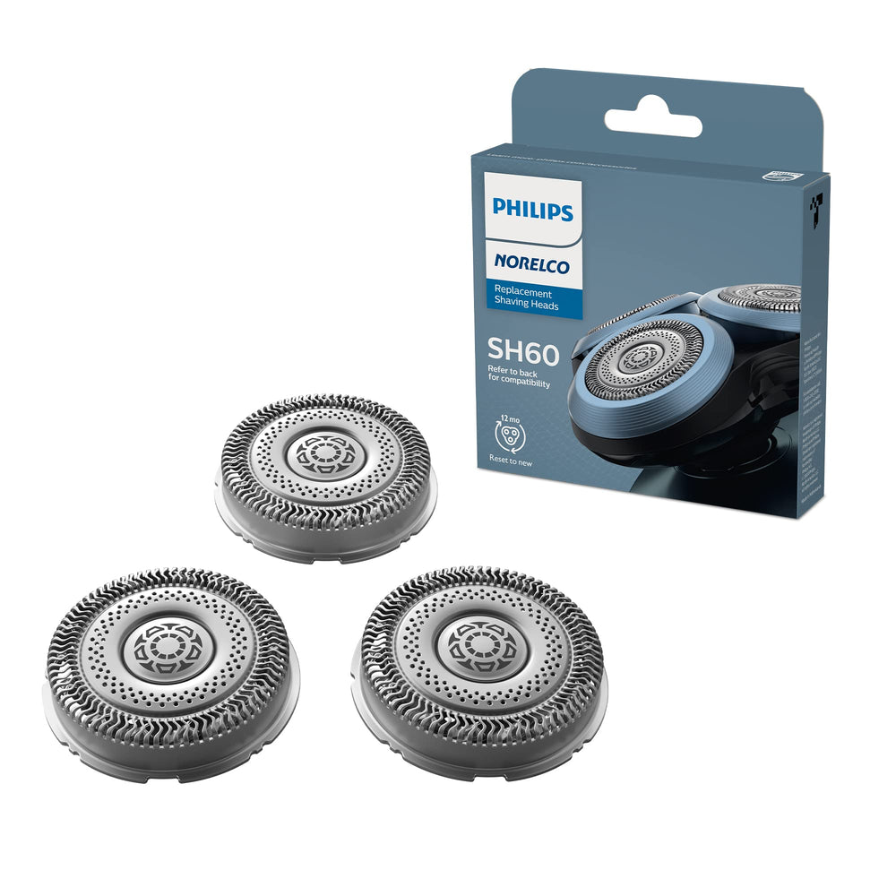 Norelco front packaging showing Series 6000 replacement heads and easy identification benefits