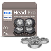Norelco replacement heads front packaging showing four-head set and brand benefit