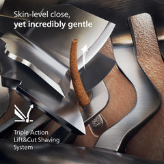 Norelco precision flex heads at an angle demonstrating contour contact and better coverage