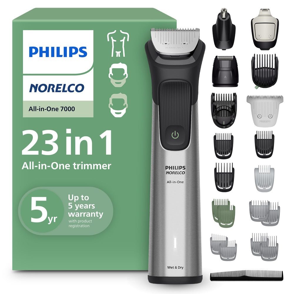 Norelco Philips 7000 front view showing full kit and dock for organized storage