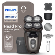 Norelco Pro 9000 front packaging showing product and accessories for easy choice
