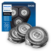 Philips Norelco SH30 front packaging showing three replacement heads and benefits