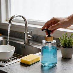 Nortsa Miira dispenser dispensing dish soap at a kitchen sink, convenient cleaning