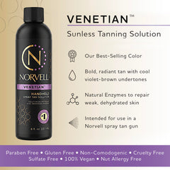 Norvell Venetian label close-up highlighting Vio7 technology and neutral bronzer benefits