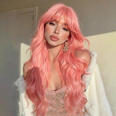 NOSTALGIA front view showing soft coral-pink wig and full volume benefit