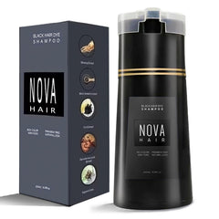 Nova Hair front packaging showing bottle and black shade benefit