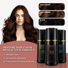 NOVA SHAMPOO before and after view showing reduced gray visibility and natural tone