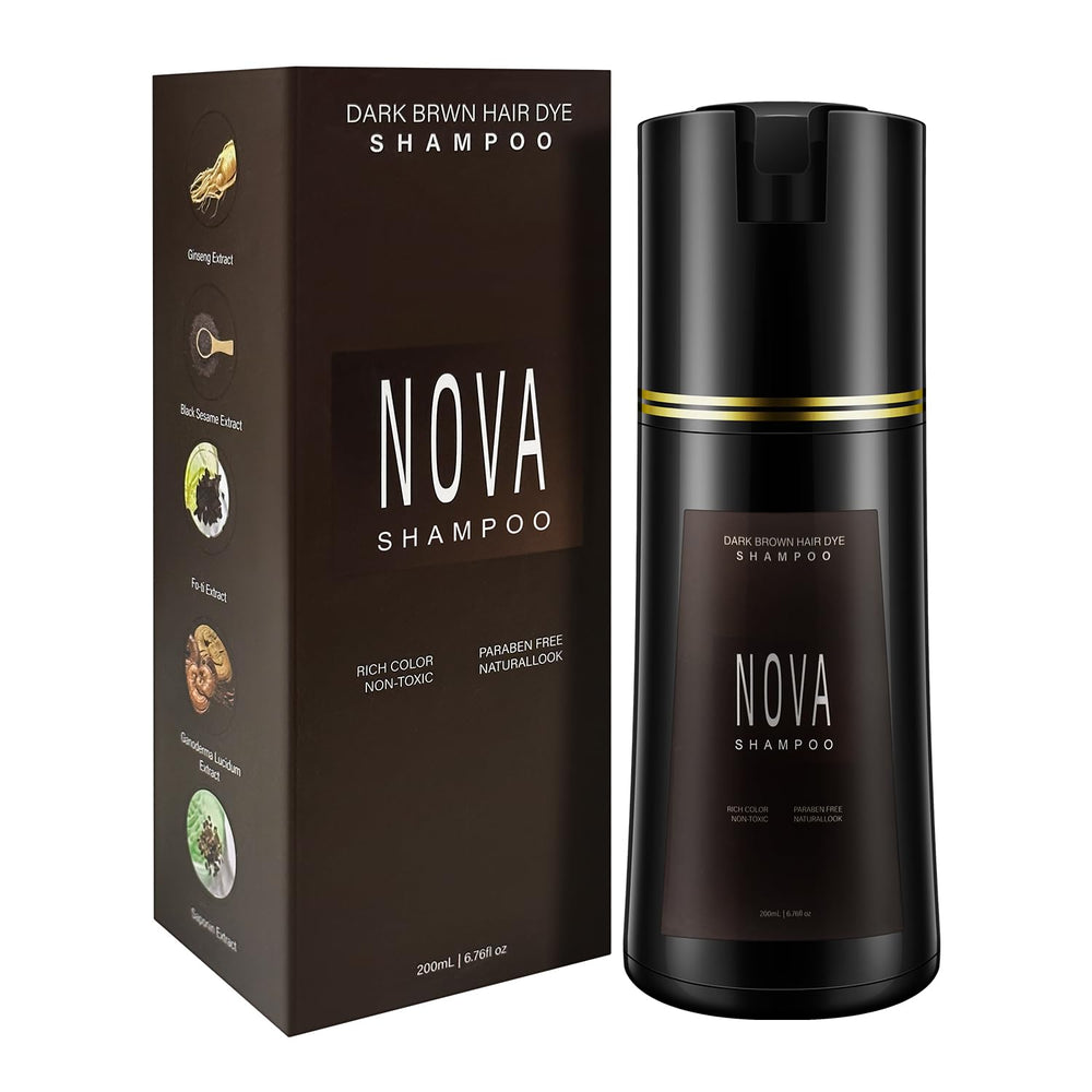 NOVA SHAMPOO front packaging showing dark brown 200ml and easy use benefit