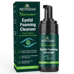 NOVEHA front packaging showing cleanser and pump, highlights convenience