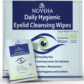 NOVEHA front packaging showing 60 individually wrapped eyelid wipes and benefits