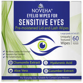 NOVEHA front packaging showing 60 individually wrapped eyelid wipes for hygiene