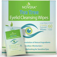 NOVEHA front packaging showing 60 individually wrapped eyelid wipes for convenient cleansing