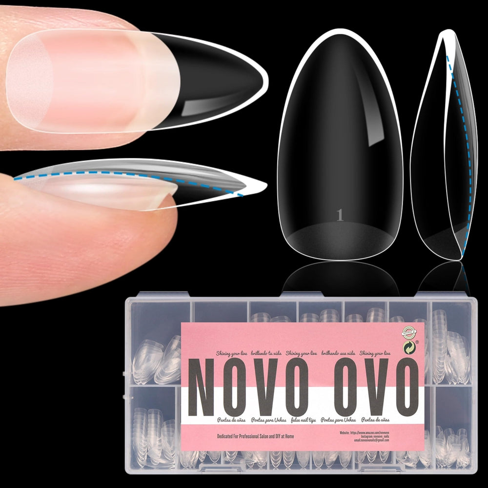 NOVO OVO front packaging showing 336 almond tips and kit contents for convenience