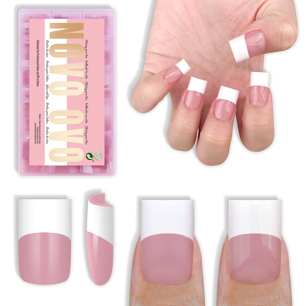 NOVO OVO front packaging showing berry pink French tips and contents, easy selection benefit