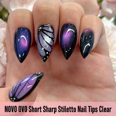 NOVO OVO tips worn on a hand model demonstrating instant finger elongation