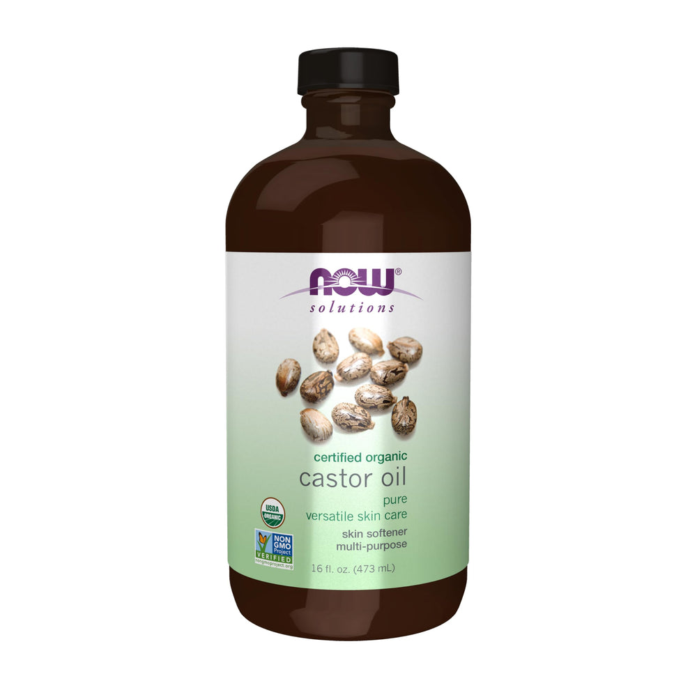 NOW organic castor oil front bottle showing clean packaging and size benefit