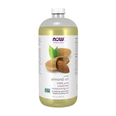 NOW sweet almond oil front packaging showing bottle and label, clear product benefit
