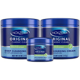 Noxzema front packaging showing travel and full-size jars for convenient supply
