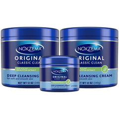 Noxzema front packaging showing travel and full-size jars for convenient supply