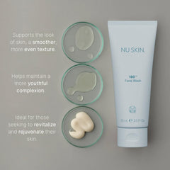 Nu Skin 180° face wash dispensed on hand for easy application