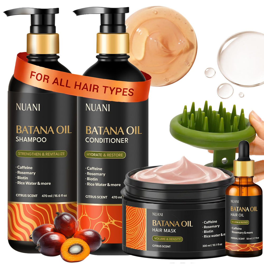 Nuani batana oil front packaging showing full five-piece set and benefits