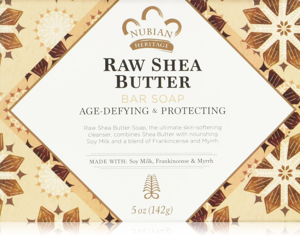 Nubian Heritage front packaging showing six raw shea and myrrh bars for value