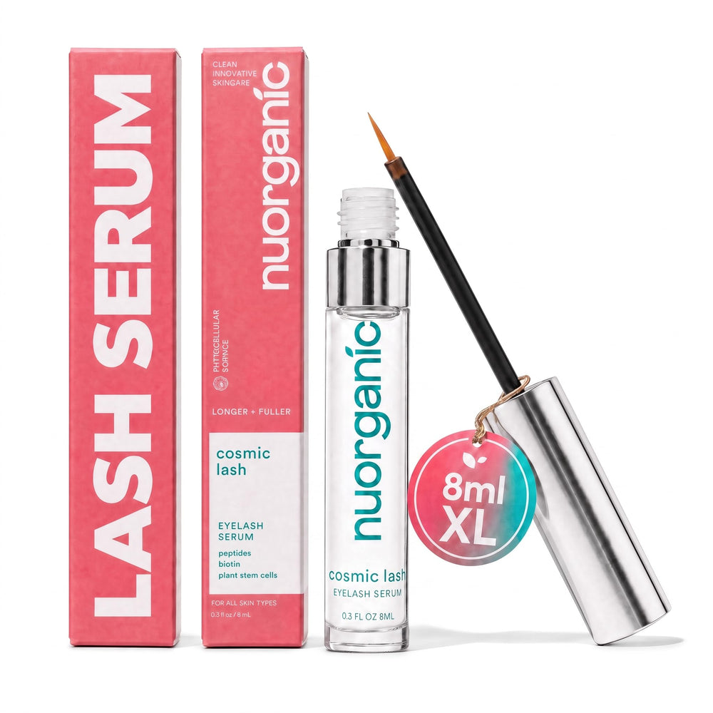 NuOrganic front packaging showing XL 8ml bottle and box benefit: longer-looking lashes