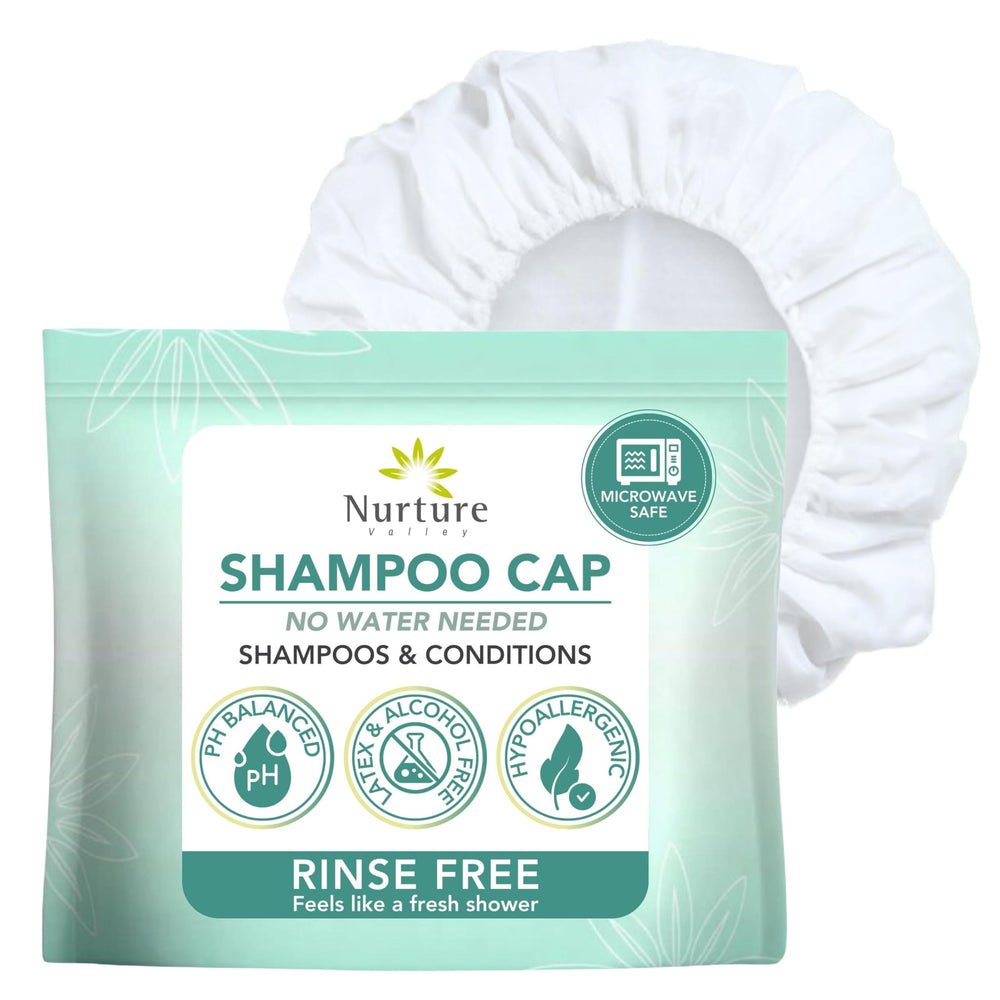 nurture valley front packaging showing six microwaveable shampoo caps and convenience