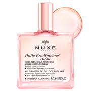 NUXE front packaging of Huile Prodigieuse Floral showing travel friendly bottle and benefits