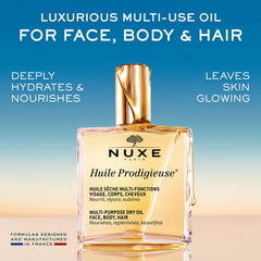 NUXE bottle with open cap and oil drops showing precise application benefit