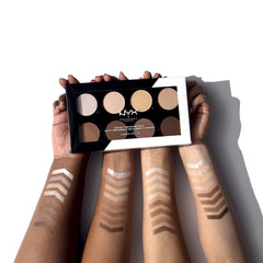 NYX PROFESSIONAL MAKEUP open palette displaying eight customizable highlight and contour shades for versatile looks.