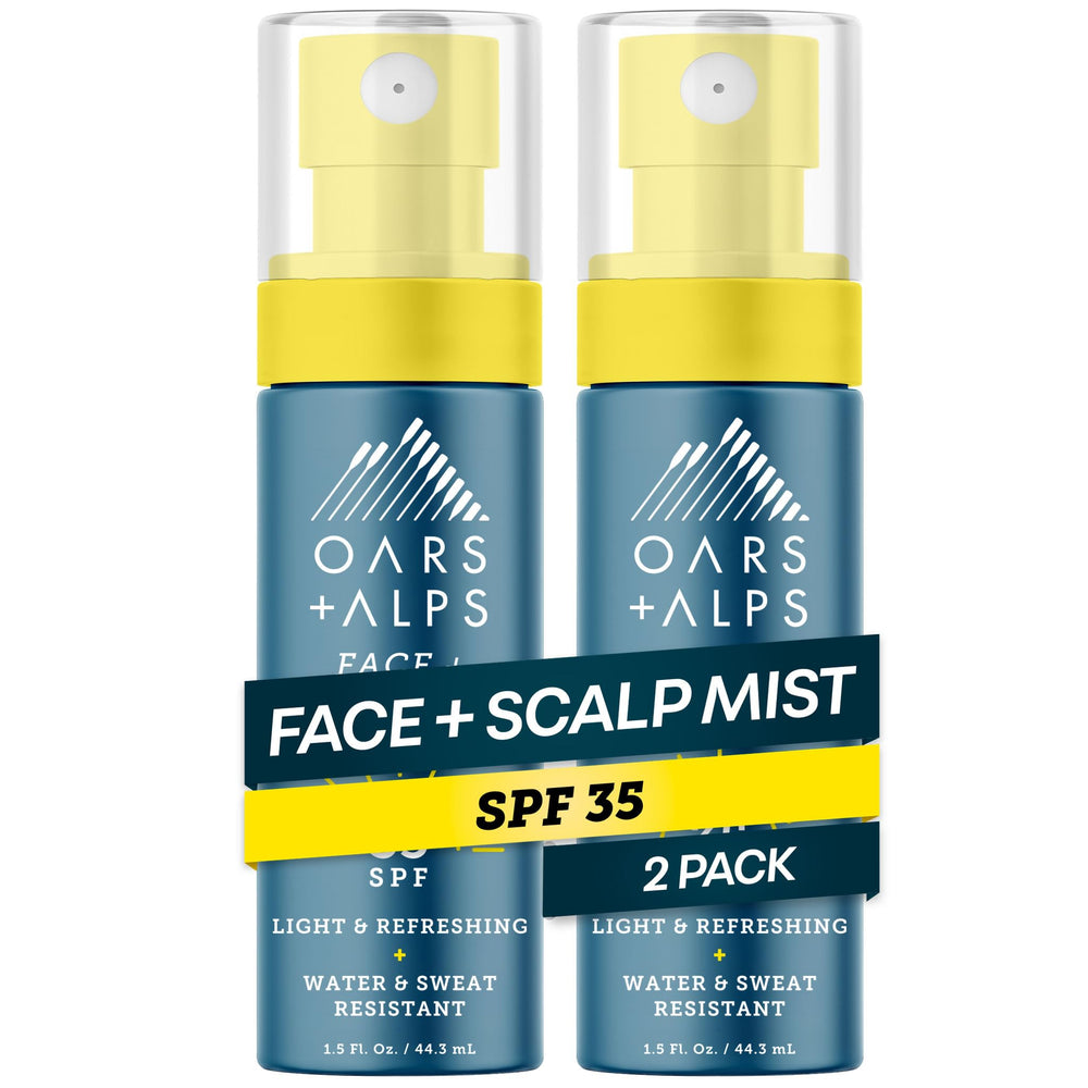 Oars + Alps front packaging of SPF 35 face and scalp mist, travel-ready protection