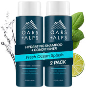 Oars + Alps front packaging showing shampoo and conditioner benefits