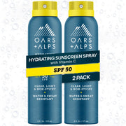 Oars + Alps front packaging showing SPF 50 spray and branding for reliable protection