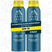 Oars + Alps front packaging showing SPF 70 benefits and clear spray