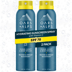 Oars + Alps front packaging showing SPF 70 benefits and clear spray