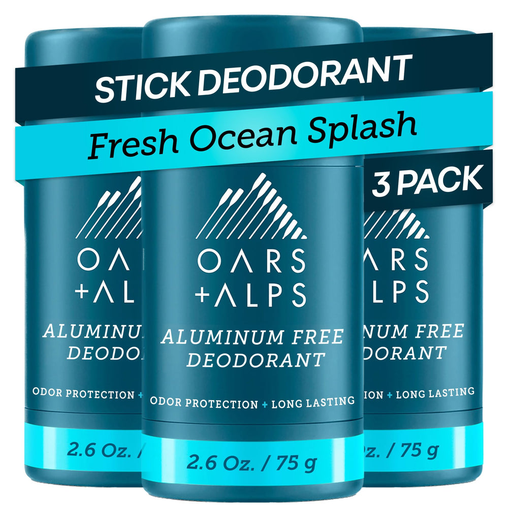Oars + Alps pack front view showing three clear-deodorant sticks and branding benefit