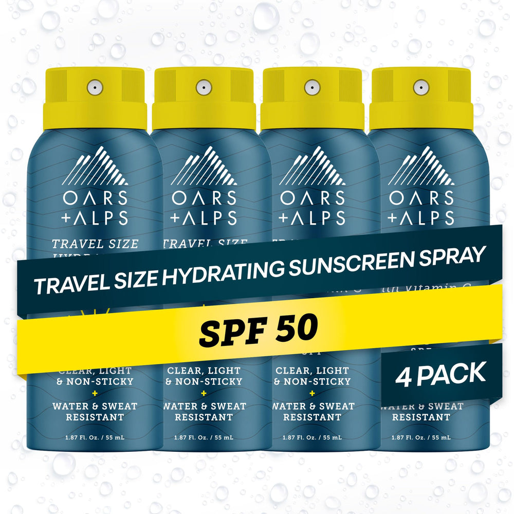 Oars + Alps front packaging showing SPF 50 travel spray and recyclable can benefits
