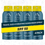 Oars + Alps front packaging showing SPF 50 travel spray and recyclable can benefits