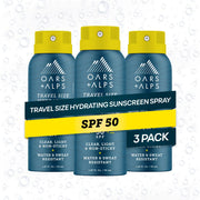 Oars + Alps front travel packaging showing three SPF 50 cans and portability benefit