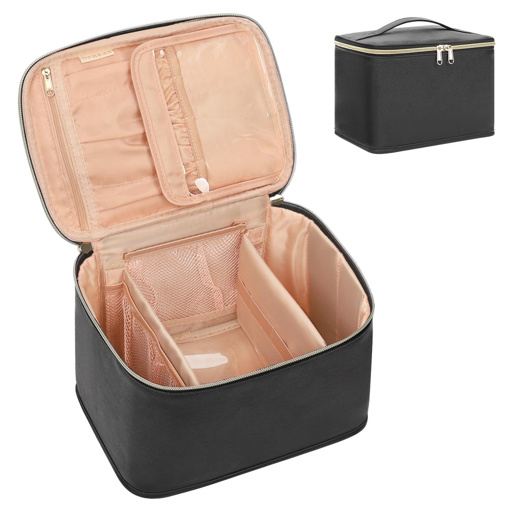 OCHEAL front view of large black makeup bag showing capacity and shape