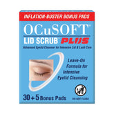 OCuSOFT front packaging of Lid Scrub PLUS showing 30+5 count and benefit for eyelid cleanliness