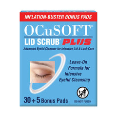 OCuSOFT front packaging of Lid Scrub PLUS showing 30+5 count and benefit for eyelid cleanliness