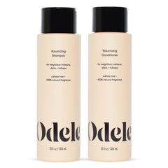 Odele volumizing set front view showing compact 13 fl oz bottles and benefits