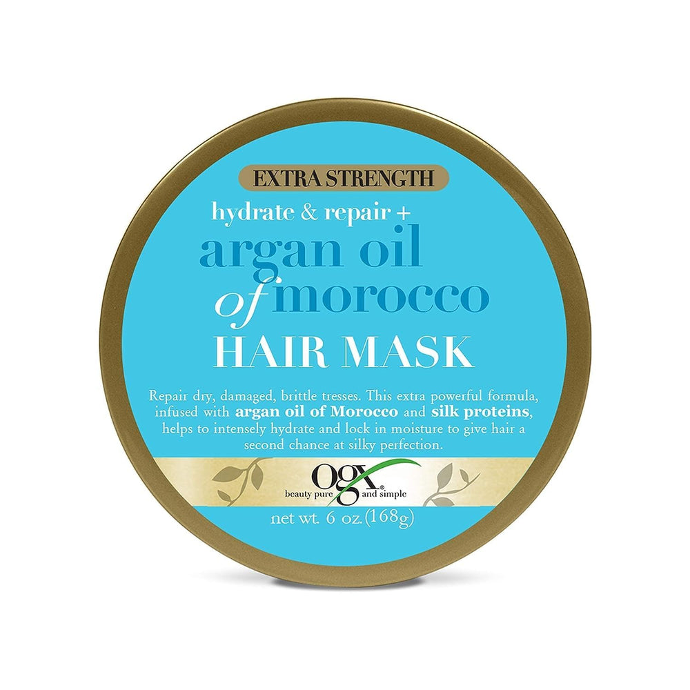 OGX front packaging of the argan oil hair mask showing 6 oz and benefits