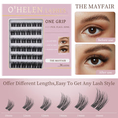 O'HELEN open tray displaying 72 mixed-length self-adhesive lash clusters