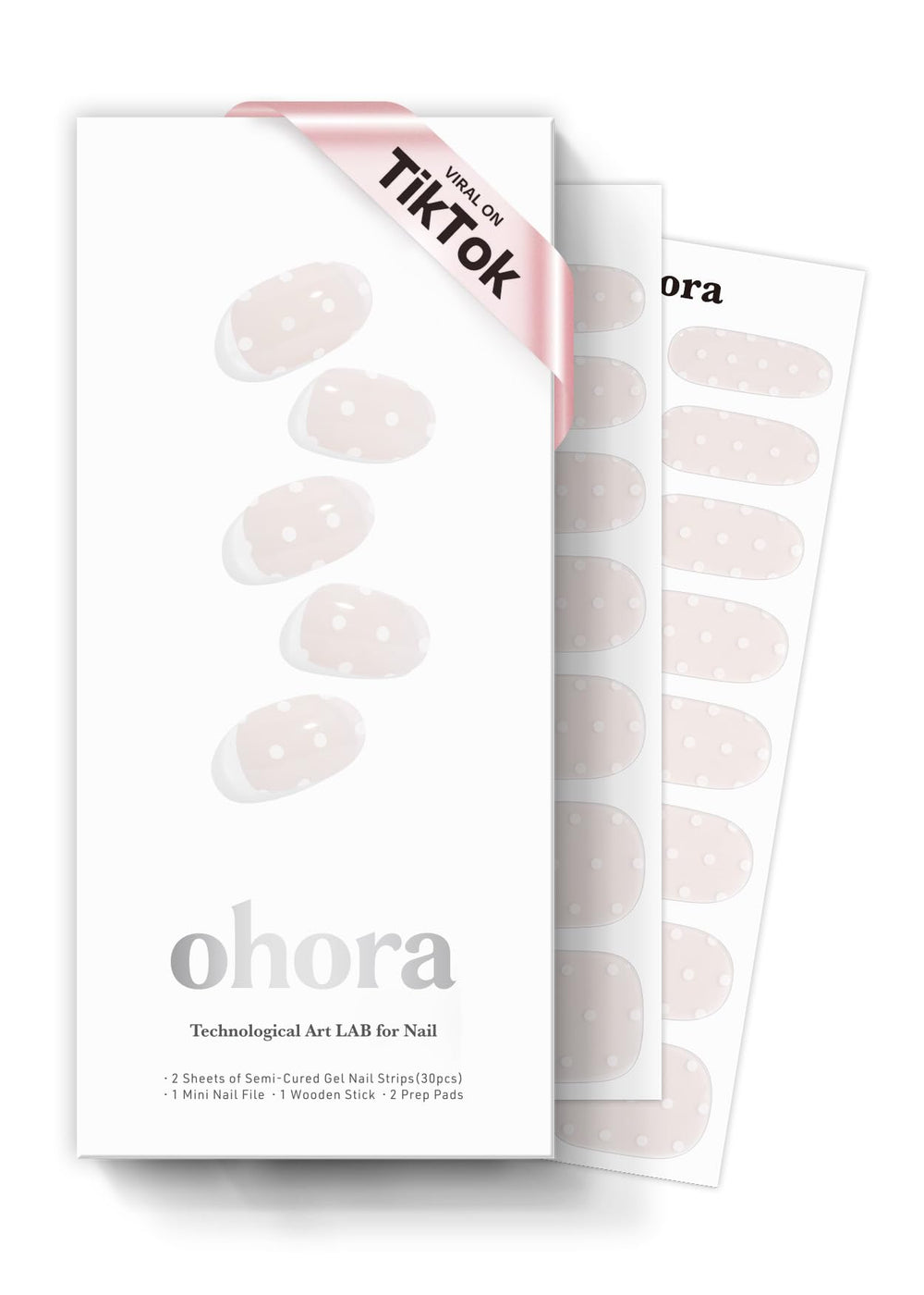 ohora front packaging showing N Polka Blanc and included tools for easy at-home salon results